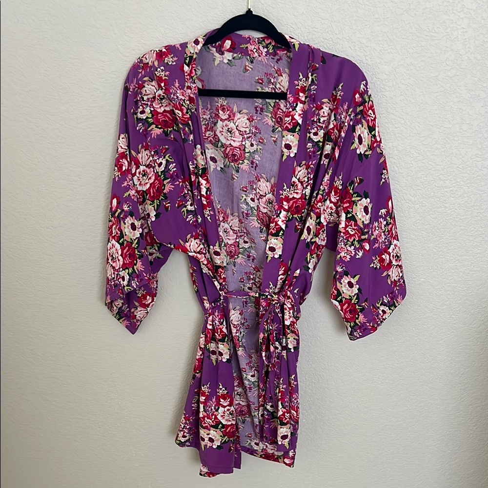 Purple and Pink Floral Kimono with 3/4 Sleeves